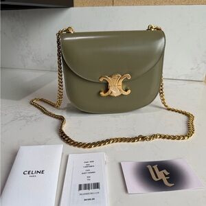 Celine Triomphe Besace Clea Chain Flap Bag Leather Khaki NEW $4150 Authentic